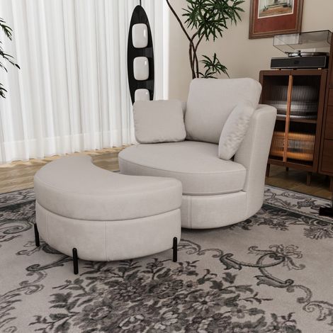 Fauteuil surdimensionné moderne avec pouf rangement lune, chenille beige, 3 coussins amovibles, assise élastique, salon 103x90,5x85,5cm (1/5)
