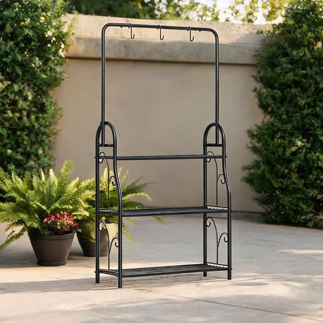 Étagère à plantes 3 niveaux avec barre de suspension coloris noir (1/5)