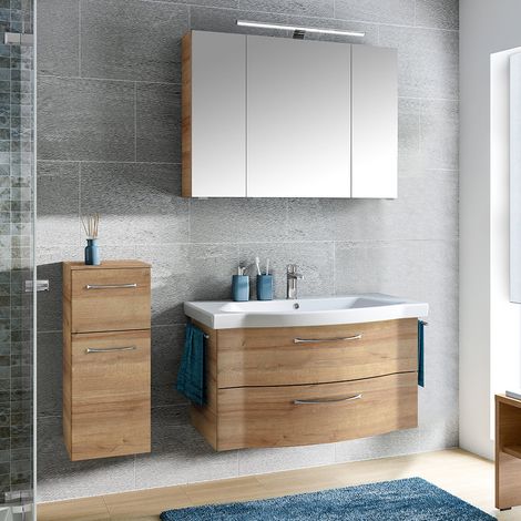 Badmöbel Set, 3-teilig, 97 cm Waschbecken, LED Beleuchtung, Riviera Eiche quer Nb. SOLINGEN-66, B/H/T ca. 143/200/51,5 cm (1/5)