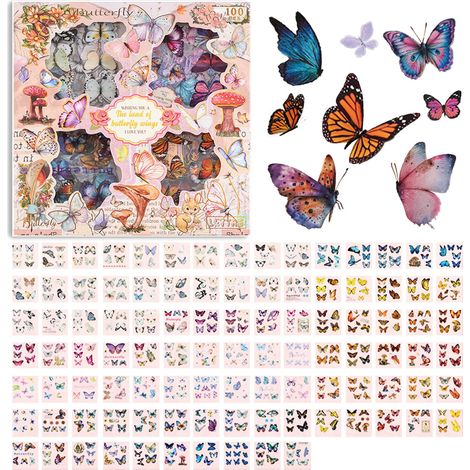 1 Boîte/100 Feuilles Stickers Papillon, Vintage Stickers Scrapbooking, Autocollant Papillon Decoration, Deco Printemps Sticker Papillons pour DIY Scrapbooking Journal Album Photo Enveloppe (1/5)