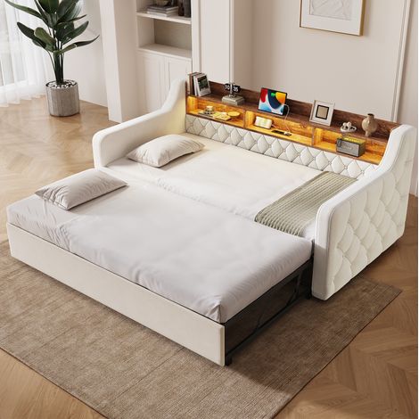 Canapé-lit 90x190 cm avec lit gigogne, velours beige, tête de lit rangement, OKWISH (1/5)