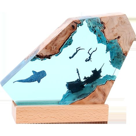 Lampe de nuit en résine de 8 pouces, scène sous - marine d'épave de requin - baleine, table et chaises décoratives, lampe d'ambiance de pièce, effet lumineux, alimenté par batterie (1/5)