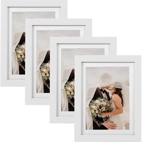4er Set Bilderrahmen 13x18 cm weiß Holzmaserung Passepartout 15x20 Wand Tisch (1/5)