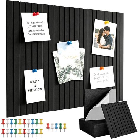 6 Pièces Tableau Liege Mural Autocollant 30x30 cm, Panneaux en Feutre Adhésif avec 25 Punaises, Tableau Affichage Décoratif pour la Maison l'école le Bureau (Noir) (1/5)