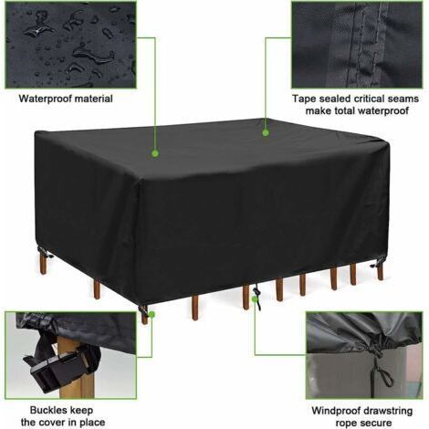 Bache Table de Jardin, Imperméable Bache Mobilier de Jardin Rectangulaire Housse, Anti-UV Robuste Housse de Protection Jardin, 250x110x90cm, Noir (1/4)