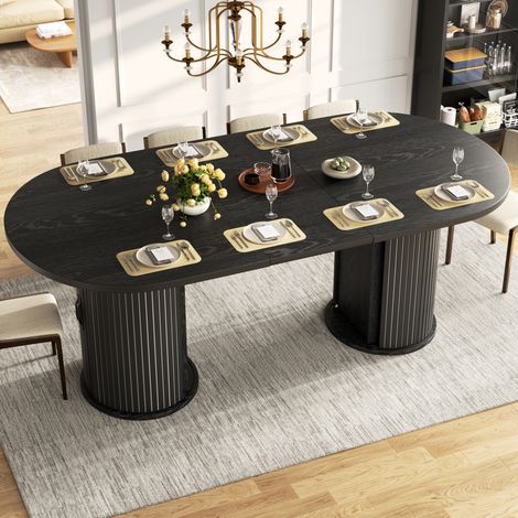 Table extensible cuisine, table à manger polyvalente avec poignées métal, gain de place petit espace, rangement caché intégré, noir, 150-190cm (1/5)
