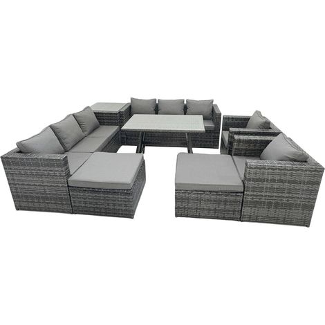 Fimous Rattan Dining Table Sofa Set with Armchair Side Table 2 Big Footstools Outdoor 10 Seat Garden Furniture Set Dark Grey Mixed (1/5)
