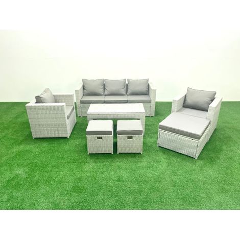 Fimous Rattan Garden Furniture Set 8 Seater Outdoor Garden Sofa Oblong Coffee Table Set with 2 Chairs 3 Stools Light Grey Mixed (1/5)