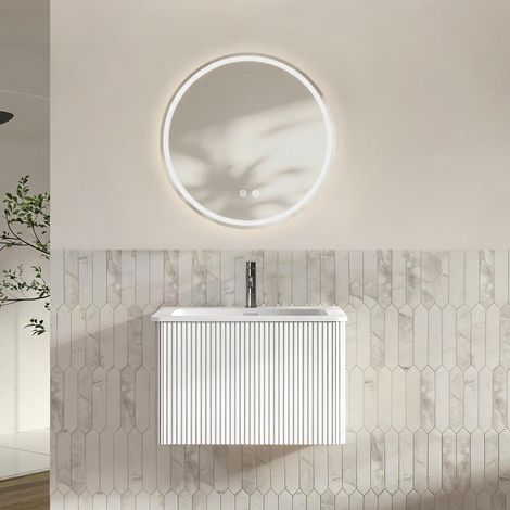 Meuble de salle de bain avec vasque 60 cm et miroir LED, blanc, mural, préassemblé HAVRYA (1/5)