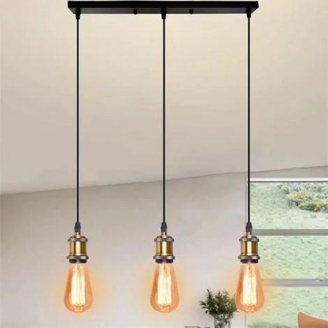 U-Do Lustre Suspension éclairage style Vintage 3 Têtes Lampe Lustre Ajustable Industriel Lampe Longue Pôle Noir pour Salle à Manger (1/4)