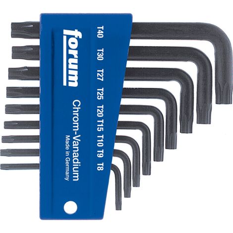 Jeu de clés coudées TORX®, 9 pièces, dans support en plastique, Contenu : T 8 T 9 T 10 T 15 T 20 T 25 T 27 T 30 T 40 (1/2)