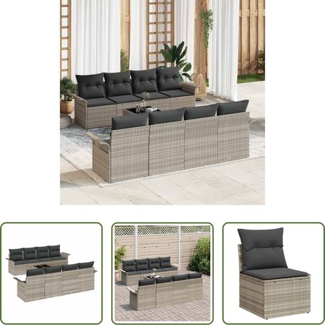 Poly-Rattan - Gartensofa-set mit Kissen 9 pcs Hellgrau Poly-Rattan (1/5)