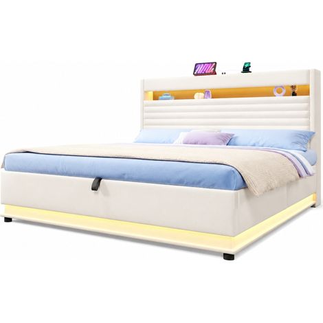 Letto matrimoniale contenitore 180x200 cm imbottito in tessuto beige, con LED, USB-C, testiera smart e apertura idraulica, senza materasso - CHICFURN (1/5)