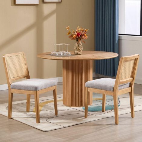 Esszimmerstühle 2er Set Vintage Leinen mit Rattan Rückenlehne, grau/beige (1/5)