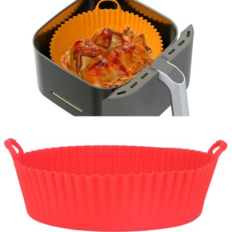Plaque de cuisson en silicone rouge pour friteuses à air, ronde et antiadhésive. (1/5)