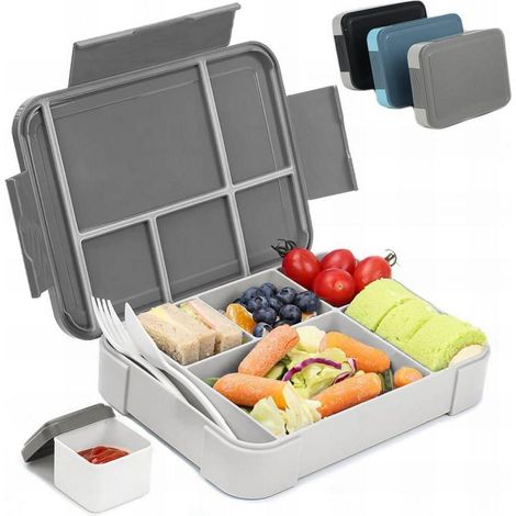 Brotdose Kinder Bento Lunchbox 1330ml 6 Fächer Auslaufsicher Grau (1/5)