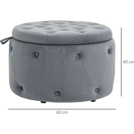 Pouf rond avec rangement, ottomane à couvercle en velours gris, Ø60 x 40 cm, boîte de rangement rembourrée pour salon et chambre. (1/5)