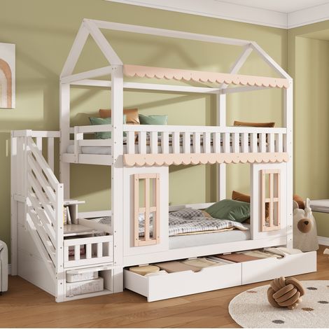 Letto a castello per bambini a casetta 90x200 cm, legno di pino e MDF bianco/naturale, con scala contenitore e 2 cassetti (1/5)