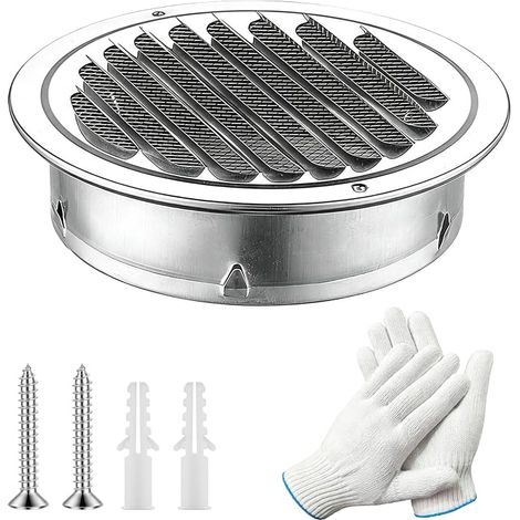 Grille d'aération murale épaisse en acier inoxydable - 100 mm - Avec moustiquaire - Avec vis et gants - Pour cuisine, salle de bain, garage (1/5)