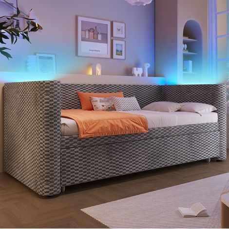 Divano letto estraibile 90 x 200 cm in velluto grigio con luci LED, rete a doghe, senza materasso (1/5)