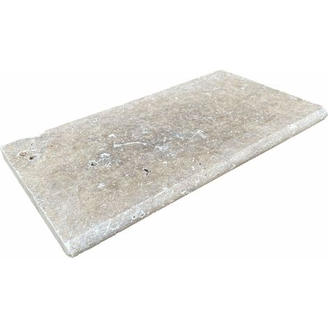 Margelle en travertin rustique mix beige 33x61x3cm – Bord rond vieilli – Pour tours de piscine et escaliers – Colle flexible recommandée
