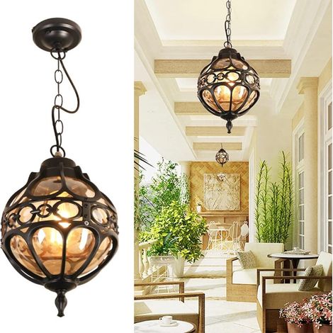 Suspension d'extérieur vintage noire avec abat-jour en verre, idéale pour porche, entrée, terrasse ou gazebo.