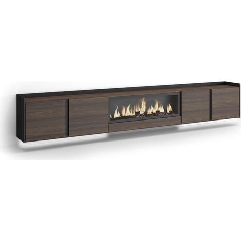 Mueble TV Almayate-02 de 315x50x35 cm con chimenea eléctrica y luces LED, suspendido, color roble oscuro y negro (1/4)