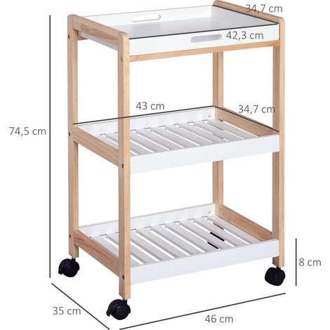 Chariot de service desserte de cuisine à roulettes 2 étagères + plateau amovible bois de pin MDF blanc (1/5)