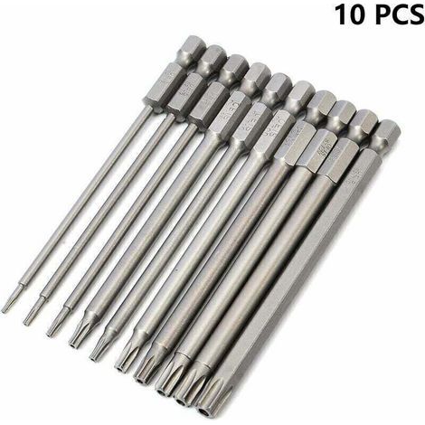 Punte per cacciavite esagonali da 6,35 mm, in acciaio S2, magnetiche, T6-T40, lunghezza 100 mm, confezione da 10 (1/4)