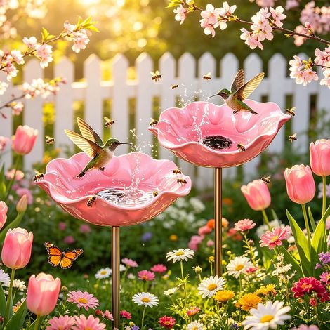 Lot de 2 bains d'oiseaux en métal avec fleurs, moineaux de jardin faits main, bains d'oiseaux et mangeoires à insectes résistants à l'hiver, bains d'oiseaux pour jardin et terrasse, 2 pièces roses (1/5)