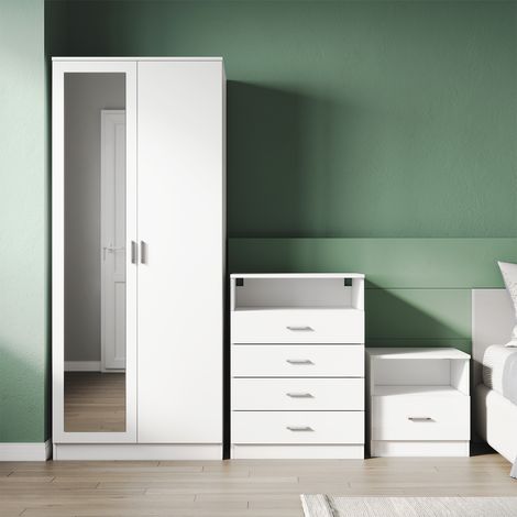 SONNI Schlafzimmermöbel Set Kleiderschrank mit Spiegel und Schubladen und Weiß Hochglanz Kommode Hochglanz 4 Schubladen Kommode LED Nachttische (1/5)