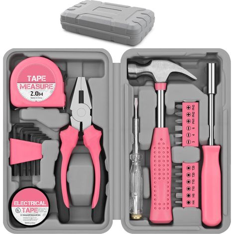 Kit d'Outils DIY 24pc Rose pour Femmes. Petite Boîte à Outils Idéale pour Débutantes, pour la Maison & le Bureau (1/4)