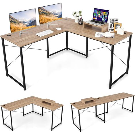 COSTWAY Schreibtisch mit Laptopständer, L-Form reversibler Eckschreibtisch, platzsparend, einfache Montage, Metall, Computertisch mit 3 Kabellöchern, Bürotisch für Home Office, 150x150x74 cm Natur (1/5)