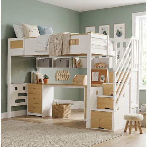 Letto a soppalco 90x200 cm con scrivania, cassetti e vano contenitore bianco OKMYHOME (1/5)