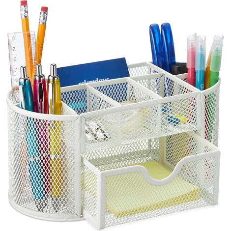 Rangement de bureau multifonctionnel Blanc,rangement de bureau en maille métallique avec tiroirs coulissants,9 compartiments de tri pour stylos,agrafeuses,chemises et papier à lettres.
