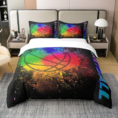 Coton, Housse de Couette 140x200 Basket-Ball, Ensemble de Literie Bleu Rouge Vert Teinté pour Enfants Garçons Ados, Parure de Lit Sport Néon, Housse de Lit de Jeu de Balle Néon (1/5)