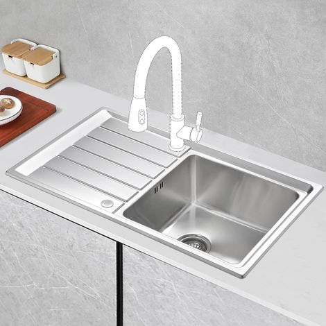 JASSFERRY 86 x 50 cm Stainless Steel Kitchen Sink Single Bowl Inset Reversible Drainer & Strainer Waste Pipes Clips