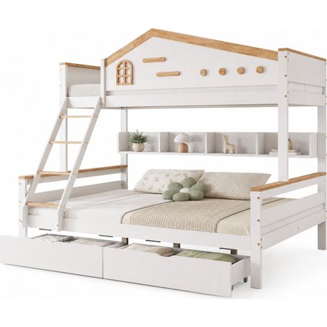 Lit superposé enfant avec fenêtre, deux tiroirs, étagères ouvertes et échelle inclinée 4 marches, blanc et bois naturel, 90x200/140x200 cm - CHICFURN (1/5)