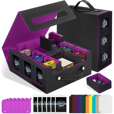 Boîte de rangement pour cartes avec poignée, Deck Box pour et TCG, contient 6 boîtes avec couvercle, 6 bouchons de fermeture, 10 séparateurs colorés (noir et violet) (1/5)