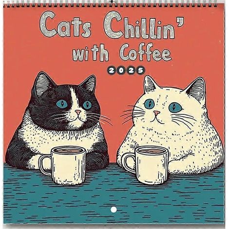 Calendrier des chats 2025 - Calendrier des chats se détendant avec un café en 2025 (1/5)