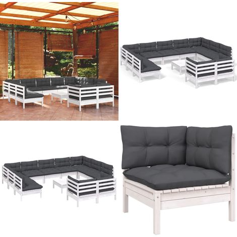 12-tlg. Garten-Lounge-Set mit Kissen Weiß Kiefer Massivholz - Garten Lounge Set - Kiefernholzmöbel - Outdoor Möbel - Gartenzubehör - Loungemöbel - Home & Living