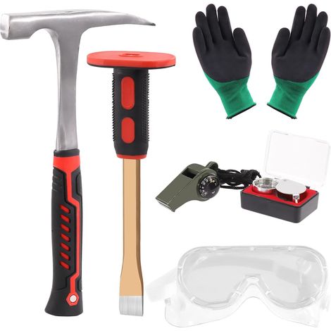 Kit de géologie 6 pièces, marteau 850,5 g, burin 30,5 cm, sifflet, lunettes de sécurité, loupe bijoutier, gants (1/5)