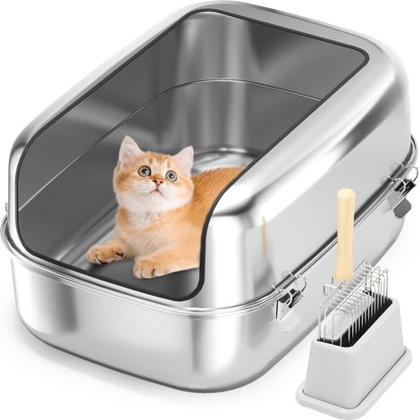 1 Bac à litière, Acier inoxydable, XXL 60x40x30cm, Semi-fermé, Anti-fuite, Pour chat et petit animal (1/5)