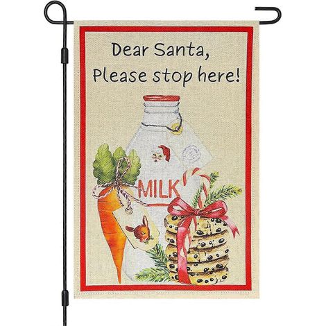 Drapeau de jardin de Noël « Arrêtez-vous ici » double face 30 x 45 cm (12 x 18 pouces) en toile de jute, Père Noël, biscuits au lait, élan, carotte, petit drapeau d'extérieur pour jardin (1/5)