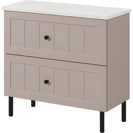 Mobile sottolavabo con piedini 60 cm, 2 cassetti, con piano, Cashmere / piano Marmo, maniglie nere, gambe nere, 60 x 46 x 73,6 cm (1/5)