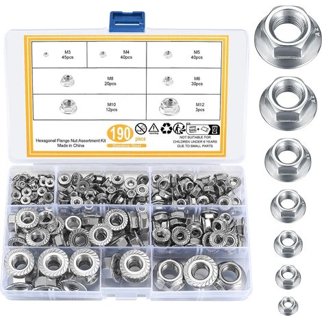 190 Pcs Écrous à Bride Hexagonaux Acier Inox M3-M12 (1/5)