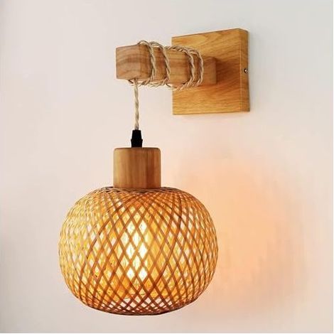Applique Murale Intérieur Vintage, Lampe Murale en Bois et Métal, E27 Rétro Cage Applique avec Abat-jour en Rotin pour Salon Chambre Couloir Salle à Manger Max 60W (Sans Ampoule) (1/5)
