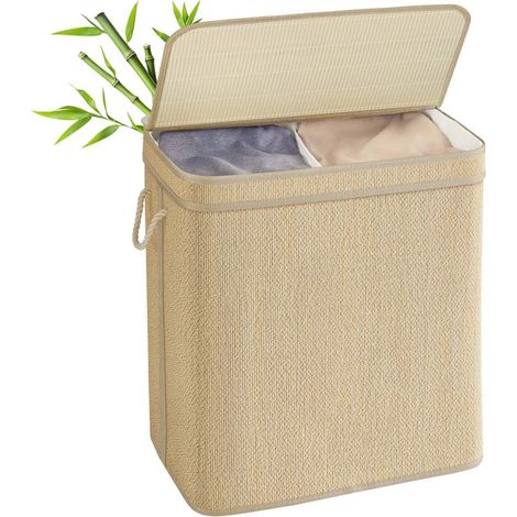 Cesto de ropa sucia de bambú de 90 litros extraíble y lavable a máquina con tapa y asas para el dormitorio la sala de estar color beige 120006716