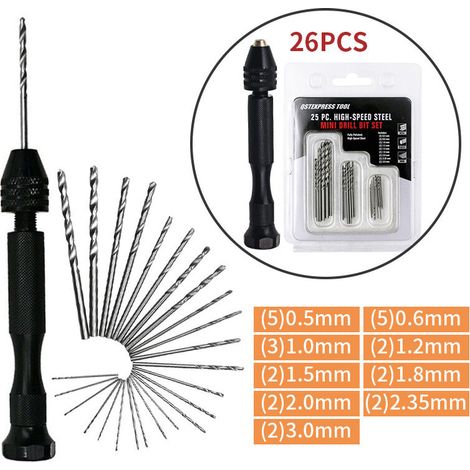 Mini Hand Drill Twist Drill Bits +25 Micro Twist Drill Bits Cordless Aluminum Pin Vise Rotary Tools Twist Drill Bits Adjustable Pyrography Home Plastic Hole Copper (1/5)