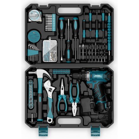 Caisse a Outil 206 Pcs, Visseuse Devisseuse Sans Fil 12V pour Serrer/Desserrer des vis, Malette Outils avec Perceuse-Visseuse pour Bureau, Réparation à Domicile avec Tournevis et Pinces, Bleu (1/5)